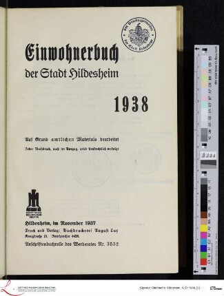 Einwohnerbuch der Stadt Hildesheim 1938