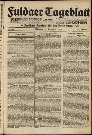Erste Ausgabe vom Mittwoch, den 29. Dezember 1920.