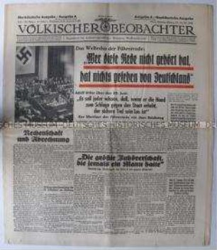 NS-Tageszeitung "Völkischer Beobachter" zur Rede von Hitler über die "Röhm-Affäre"