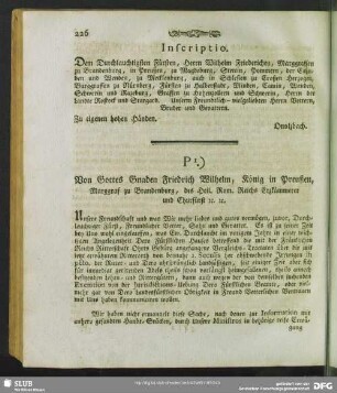 P1.) Von Gottes Gnaden Friedrich Wilhelm, König in Preußen, Marggraff zu Brandenburg, des Heil. Rom. Recihs Erzkämmerer und Churfürst [et]c. [et]c.