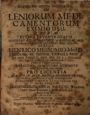Dissertatio Medica Inauguralis De Leniorum Medicamentorum Eximio Usu
