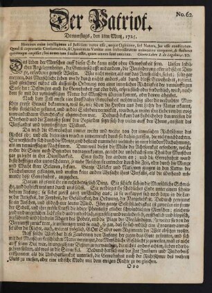 No. 62. Donnerstags, den 8ten Mertz, 1725
