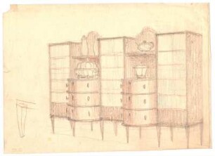 Entwurf einer Schrankreihe : Schräge Vorderansicht einer Reihe Schränke mit drei Teilen gerader Regalteile und zwei Teilen konkav geführter Zwischenstücke mit Schubfächern; Geschirr zur Illustration eingefügt