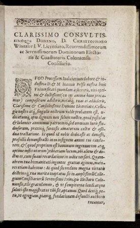 Clarissimo Consultissimoque Domino, D. Christophoro Wintzler I. V. Licentiato, [...]