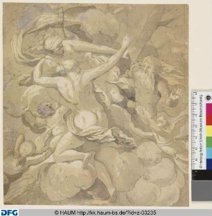Zwei Nymphen auf Wolken werden von einem bärtigen Mann bedroht (Boreas und Oreithyia?)