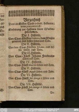 Verzeichniß Derer im ersten Theile befindl. Historien; deme praemittirt ist: