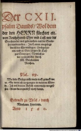 Der CXII. Psalm Davids wol dem, der den Herrn fürchtet