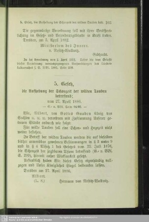 5. Gesetz, die Aufhebung der Schonzeit der wilden Tauben betreffend