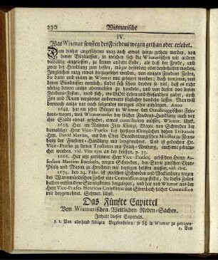 Das Fünfte Capittel Von Wismarischen Weltlichen Neben-Sachen.