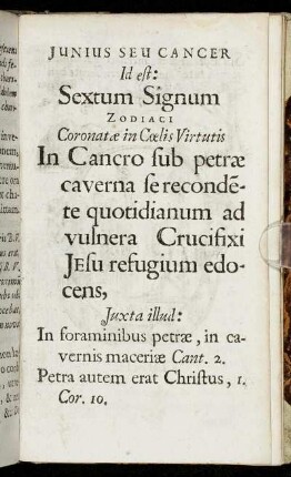 Junius Seu Cancer Id est: Sextum Signum