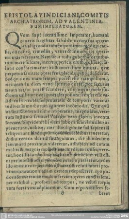 Epistola A Vindiciani, Comitis Archiatrorum, Ad Valentinianum Imperatorem