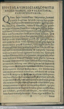 Epistola A Vindiciani, Comitis Archiatrorum, Ad Valentinianum Imperatorem