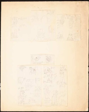 Buchornamentik: Codex S. Egbertus und S. Mathias, Evangelistarium von S. Paulin: Sechs Blätter: Skizzen Details aus den Schmuckseiten der beiden Evangelienbücher wie Kapitelle und Basen von Säulen und Pfeilern, Bögen, mit Farbangaben (zu dem Evangeliar S. Paulin s. a. Inv.Nr. 44592), sowie Kreuz- und Blütenornamentik und biblische Figurenskizzen von Martha, Herodes etc.