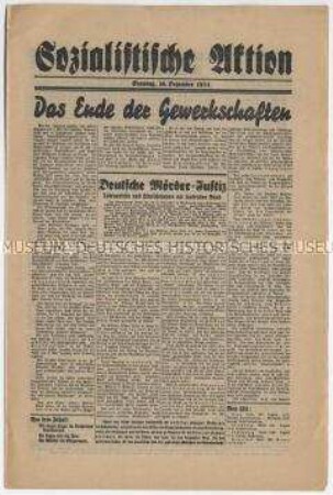Sozialdemokratisches Exil-Blatt "Sozialistische Aktion" u.a. zur Zerschlagung der Gewerkschaften und zum Justizterror der Nazis