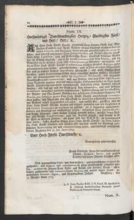 Num. IX. Hochwürdigst-Durchleutigster Hertzog / Gnädigster Fürst / und Herr / [et]c.
