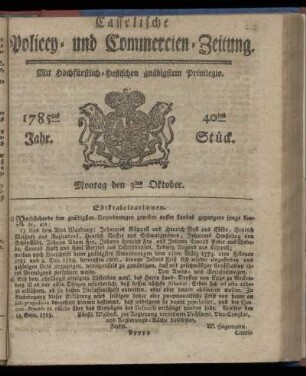 40tes Stueck, Montag den 3ten Oktober. 1785
