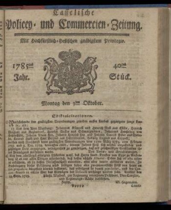 40tes Stueck, Montag den 3ten Oktober. 1785