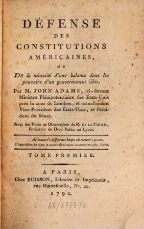 Défense des constitutions américaines ou de la nécessité d'une balance dans les pouvoirs d'un gouvernement libre, 1