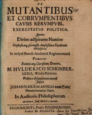 De mutantibus et corrumpentibus causis rerum publicar. exercitatio pol.