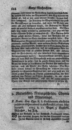 9. Naturlehre, Naturgeschichte, Chymie und Mineralogie.