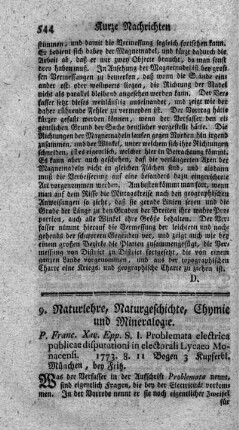 9. Naturlehre, Naturgeschichte, Chymie und Mineralogie.