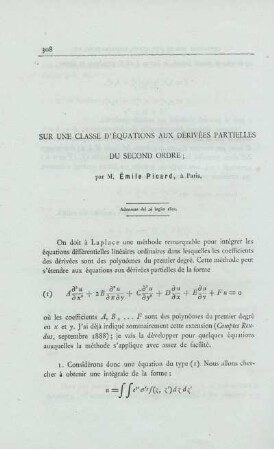 Sur une classe d´équations aux dérivées partielles du second ordre.