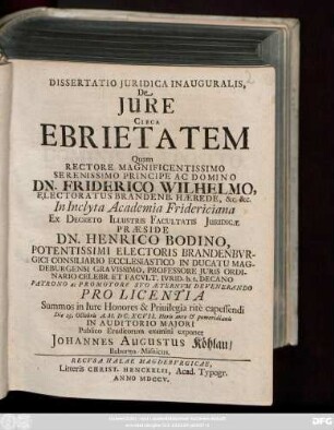 Dissertatio Juridica Inauguralis, De Jure Circa Ebrietatem