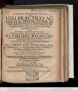 Dissertatio Inauguralis Juridica, De Usu Practico Accuratae Distinctionis Inter Emtionem Cum Pacto De Retrovendendo Et Contractum Pignoratitium