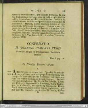 Confirmatio D. Joannes Alberti Regis Omnium Iurium & Privilegiorum Terrarum Prussiae. Tom. I. pag. 240.