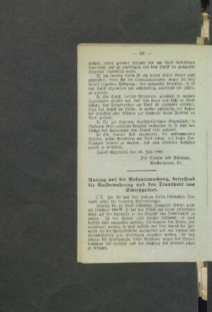 Auszug aus der Bekanntmachung, betreffend die Aufbewahrung und den Transport von Schießpulver.