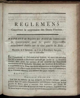 Règlement Concernant La Suppression Des Droits Féodaux.