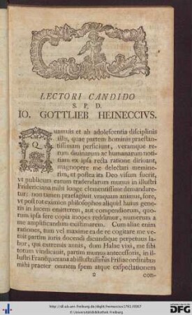 Lectori Candido S. P. D. Io. Gottlieb Heineccius.