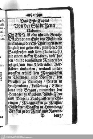 Das Erste Capitel. Von der Stadt Jena Nahmen