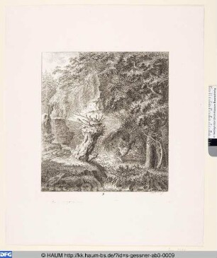 Felsige Baumlandschaft mit zwei Männern am Weidbaum beim Bache