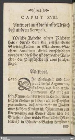 Caput XVIII. Antwort auff die fünffte Ursach deß andern Scrupels