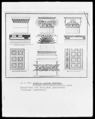 Berlin, Altes Museum, einige Architekturteile, nach Entwürfen von Schinkel gestochen (Vorlage unbekannt)