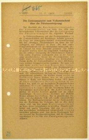 Erklärung über die Position der Zentrumspartei gegen den Volksentscheid zur Fürstenenteignung 1926