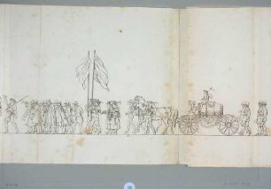 Winzerfestzug der Weinbaugesellschaft im Königreich Sachsen am 25. Oktober 1840 im kurfürstlichen Weingut Hoflößnitz, rechts Schloss Hoflößnitz von Osten