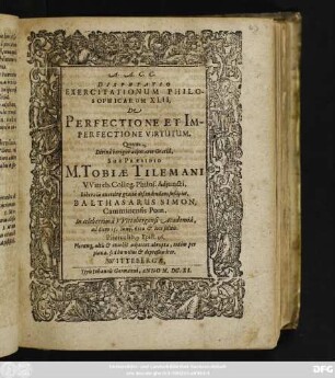 Disputatio Exercitationum Philosophicarum XLII, De Perfectione Et Imperfectione Virtutum