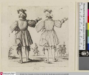 [Zwei Darstellungen eines Soldaten mit Federhut als Rückenfigur nebeneinander, vollständig ausgeführt und als Strichzeichnung; Deux figures...]