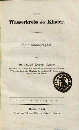 Der Wasserkrebs der Kinder : eine Monographie ; mit zwei colorirten Kupfertafeln