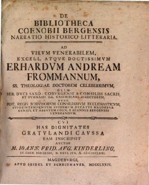 Ioann. Frid. Aug. Kinderlings De Bibliotheca Coenobii Bergensis Narratio historico-litteraria