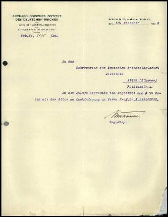 Anschreiben; Büro der ZD an DAI Athen (Geldsendung)