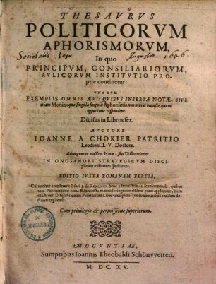 Thesaurus politicorum aphorismorum : divisus in libros sex ...