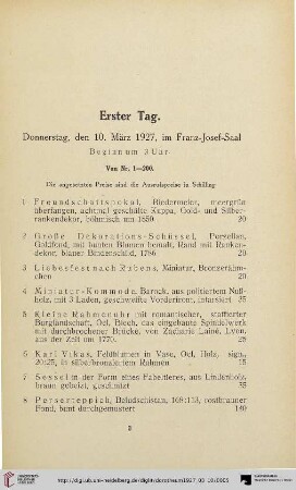 Erster Tag: Donnerstag, den 10. März 1927 (Nr. 1-200)
