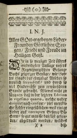 Allen Gott-ergebenen Lieder-Freunden GöttlichenSeegen / Friede und Freude im Heiligen Geist.