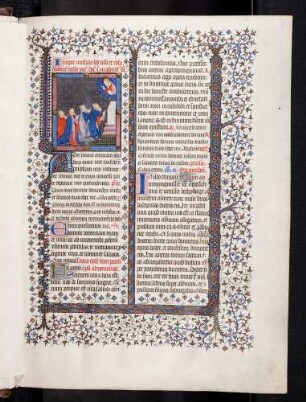 Zierseite mit Miniatur zum Beginn des Proprium de tempore: Gottvater segnet den betenden König David; Zierinitiale: A(d te levavi)