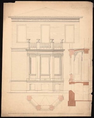 Herrenhaus, Berlin-Lichtenberg Erweiterung: Anbau Gartenfront (Erker), Ansicht, Schnitt und Grundrissdetail