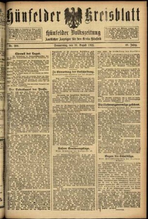 Ausgabe vom Donnerstag, den 31. August 1922.