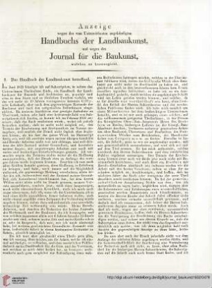Anzeige wegen des vom Unterzeichneten angekündigten Handbuchs der Landbaukunst, und wegen des Journal für die Baukunst, welches er herausgiebt